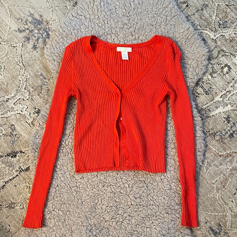 H&M Ribbed V-Neck Button-Up Cardigan in Bright Red